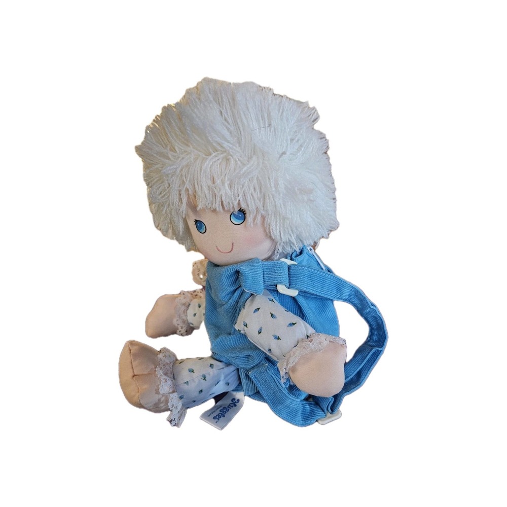 VTG 1982 Animal Toys Inc Doll White Yarn Hair Soft Play Doll W/Pretend Carrier